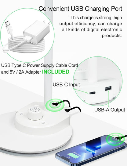 BOHON LED Desk Lamp with USB Charging Port, 3 Color Modes Dimmable Reading Lamp, Auto Dimming Task Lamp, Flexible Neck Table Light for Dorm Bedside, Adapter Include, White