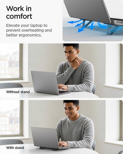 Spigen Slim Fold Portable Laptop Stand Keyboard Riser Foldable Ergonomic Angle Lift Anti-Slip Compatible with MacBook Neo, MacBook Air, MacBook Pro 11"-16" and iPad/Air/Pro and More - Black (LD201-S4)