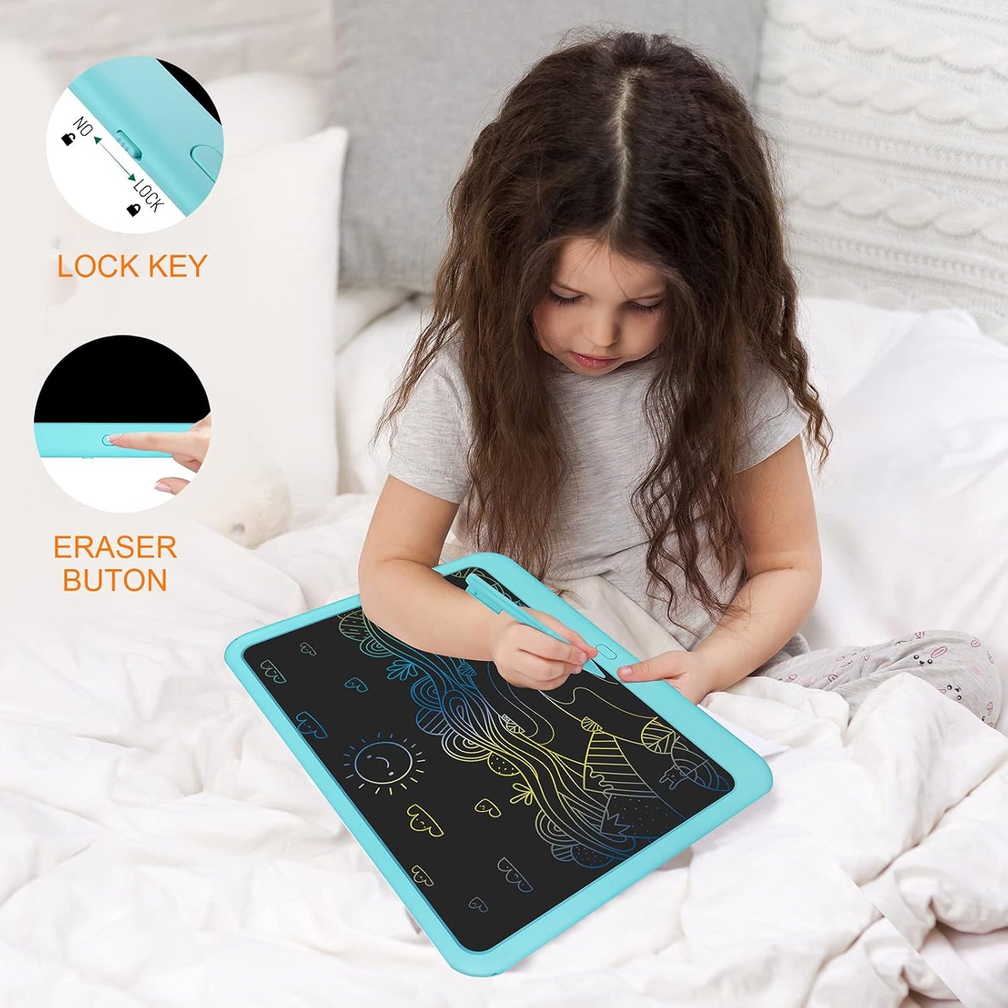 FLUESTON LCD Writing Tablet for Kids, 10 Inch Doodle Board, Colorful Drawing Pad for Toddler, Educational Travel Toy Gifts for 3-8 Year Old Girls Boys, Erase Lock Writing Board - Pink