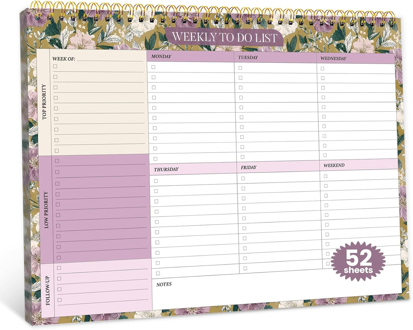 Weekly To Do List Notepad with 52 Undated Sheets（8.5"×11"）- Undated Weekly Planner Notepad for Office Desk Accessories and Supplies - Midnight Lilac