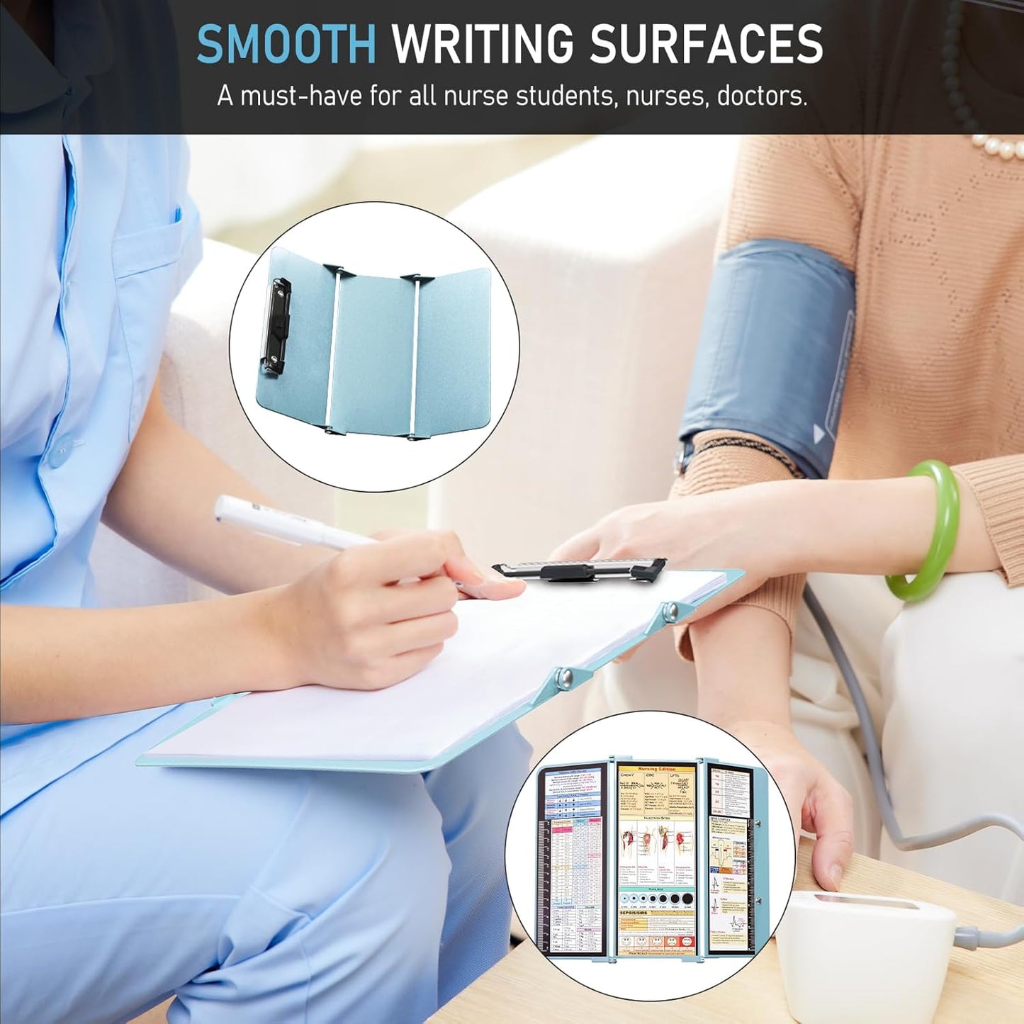 Nursing Clipboard Foldable, Foldable Clipboard w/Nursing Edition Cheat Charts,3 Layers Aluminum, Nurse Clip Board w/Low Profile Clip&Pen Clip Pocket for Nurses and Doctors,Light Blue