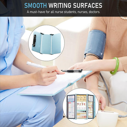 Nursing Clipboard Foldable, Foldable Clipboard w/Nursing Edition Cheat Charts,3 Layers Aluminum, Nurse Clip Board w/Low Profile Clip&Pen Clip Pocket for Nurses and Doctors,Light Blue