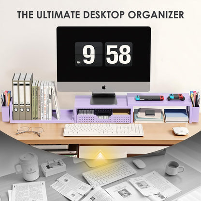 OPNICE Desk Organizers and Accessories, Dual Monitor Stand Riser with Drawer and 2 Pen Holders, Desk Shelf Wood Computer Racks for Office Workspace Organizers, Desktop Organization (Rustic Brown)