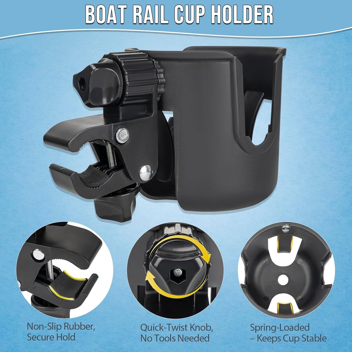 QualyQualy Boat Rail Cup Holder 2 Pack, No-Drill Clamp-On Marine Cup Holders 360° Adjustable for Pontoon Boat, Bimini Top, Grab Bar, PWC, Jet Ski, Fits Round & Square Rails 15-40mm, Boat Gifts for Men