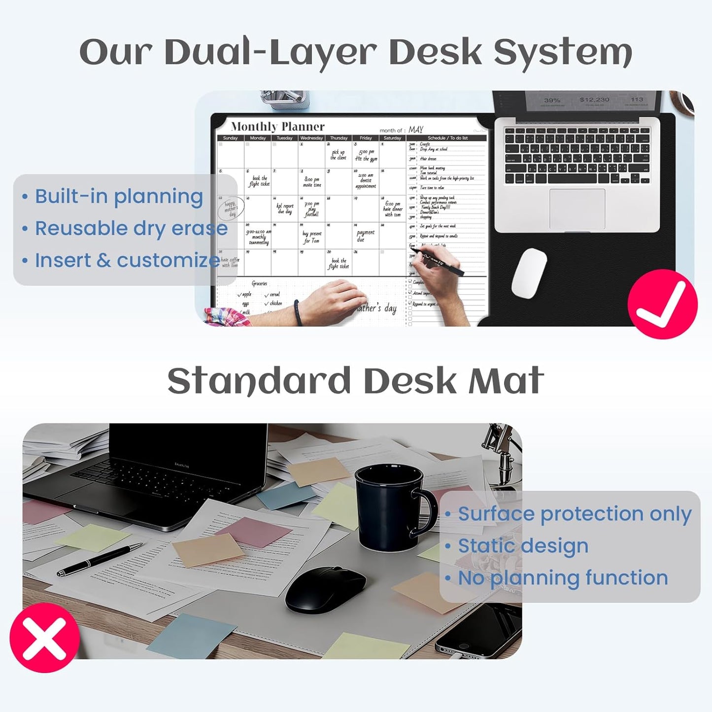 Multi-Functional Dual-Layer Dry Erase Desk Mat, Dry Erase Calendar for Desk - Erasable Desktop Writing Board with Calendar - Non-Slip Faux Leather Desk Protector for Home&Office - 16"x34" Pink