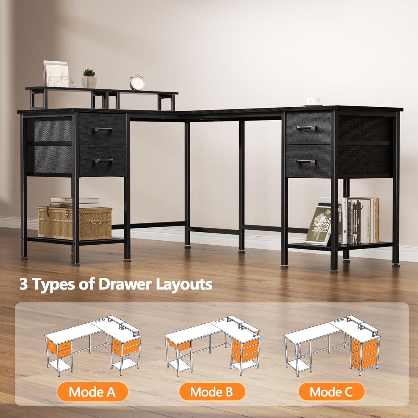 Korfile 59 inch L Shaped Computer Desk with Power Outlets, Home Office Desk with 4 Adjustable Storage Drawers & 2 Monitor Stands, Two Person Gaming Table for Bedroom, Black