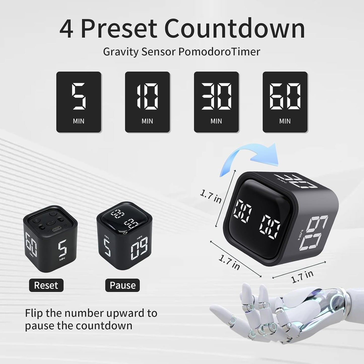 Productivity Timer Flip Gravity Sensor Cube Timer Countdown & Countup,Mute & Vibrate & Sound，5/10/30/60min & Custom Timing, Perfect for ADHD,Work,Learning,Kitchen Cooking (1Black)
