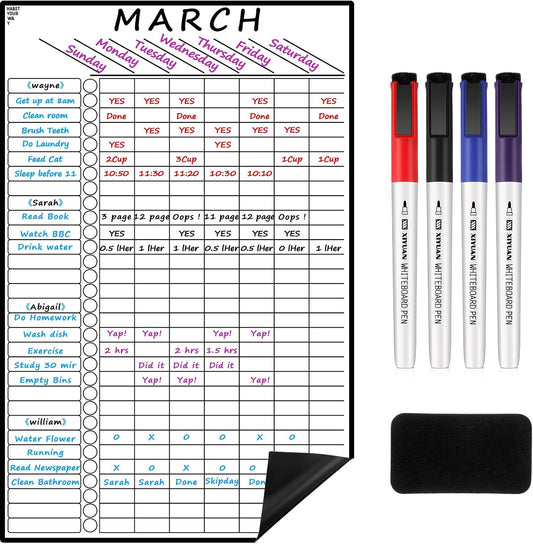 Dunzoom Multi-Use Magnetic to Do List White Board Chore Chart List for Refrigerator 17.3x11'' Goal Task Habit Tracker Monthly Weekly Homework Child Calendar Family Grocery Fridge Dry Erase Board