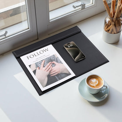 KINGFOM Ultra-Smooth PU Leather Desk Pad & Mat Office Desk Drawing & Writing Board A3/ A4 File Paper Clip Table Protector Mat on Top Large 24''x18'' (Black)