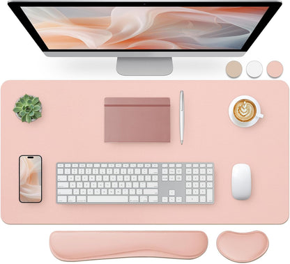 Bloss Leather Desk Pad and Keyboard Wrist Rest, Large Mouse Pad + Keyboard Pad+Mouse Wrist Support, Non-Slip Desk Mat Protector for Office, Home(31.5×15.7 Inches,Beige) - Colors A
