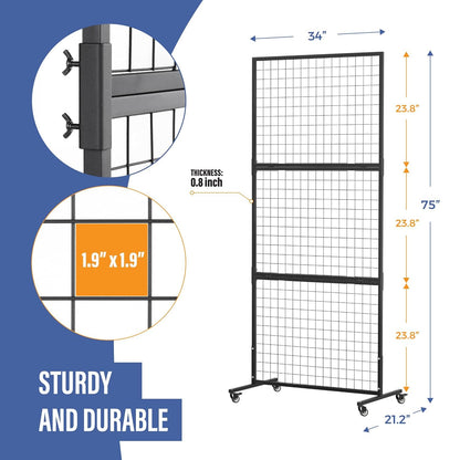 1 Pack Heavy Duty 3' x 6' Gridwall Panels Standing Wire Grid, Study Display Rack with T-Base Wheels, Suitable for Craft Merchandise Display Item Storage (Black)