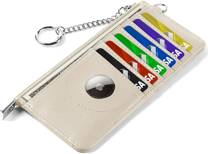 RFID Blocking Slim Credit Card Holder Wallet with Zipper Money Pocket & Keychain, Slim Airtag Wallet for Men Women