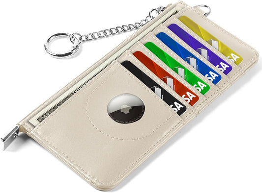 RFID Blocking Slim Credit Card Holder Wallet with Zipper Money Pocket & Keychain, Slim Airtag Wallet for Men Women