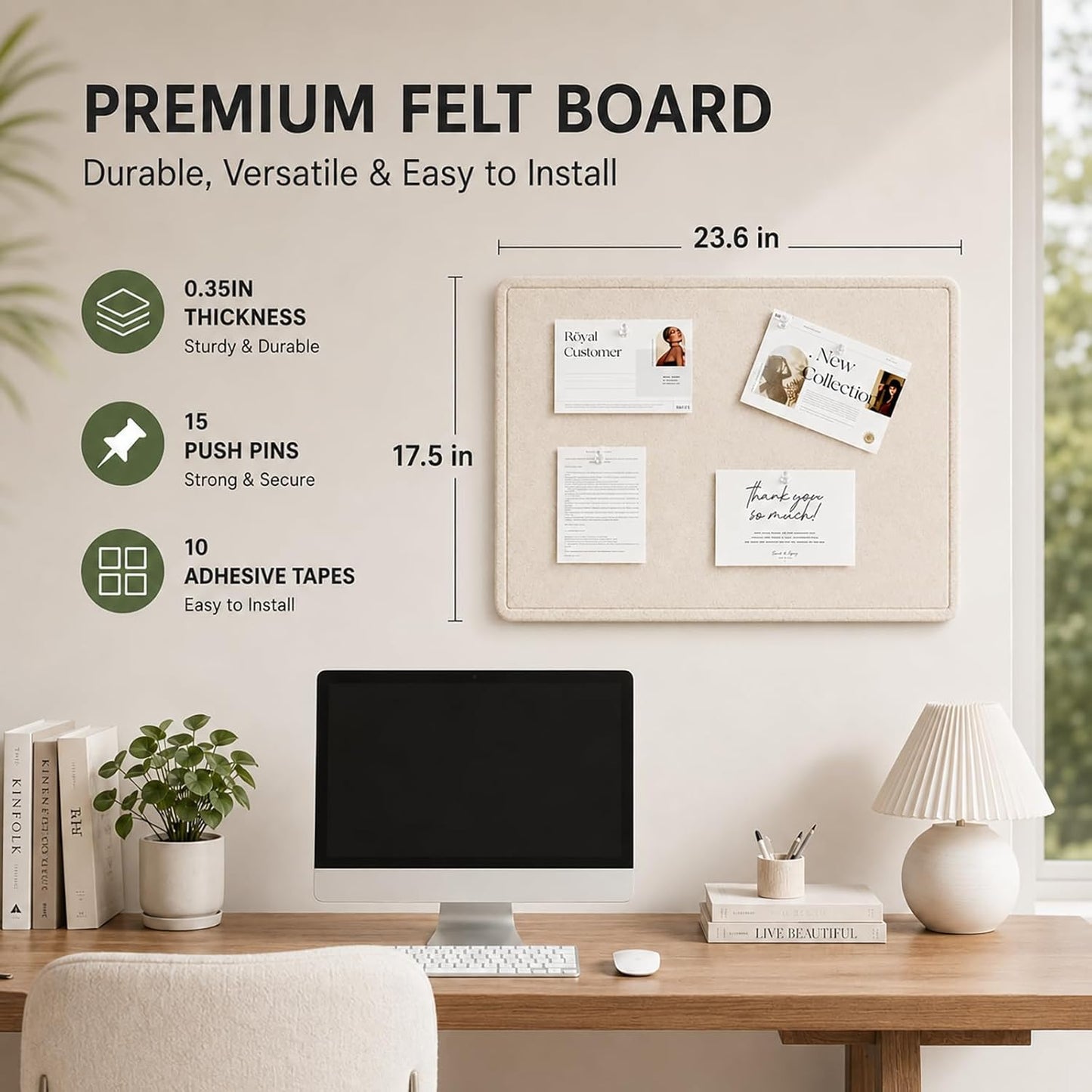 Large Felt Bulletin Board for Wall, 24"x18" Frameless Picture Board, Soft Felt Cork Board for Office, Home Planning & Office Wall Decor, Easy Install Pin Board