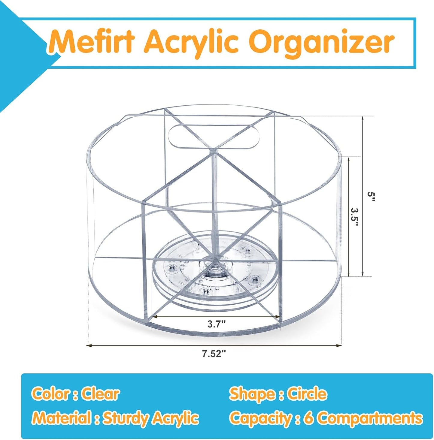 Mefirt Acrylic Pen Holder, 360 Degree Rotating Pen Organizer, Rotating Desk Acrylic Office Organizer with 6 Compartments, Marker Organizer for Kid, Crayon Caddy School Art Supply Storage Organizer