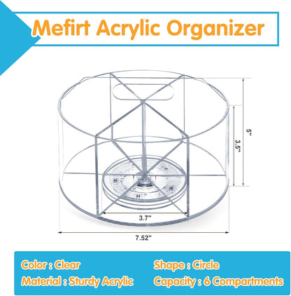 Mefirt Acrylic Pen Holder, 360 Degree Rotating Pen Organizer, Rotating Desk Acrylic Office Organizer with 6 Compartments, Marker Organizer for Kid, Crayon Caddy School Art Supply Storage Organizer