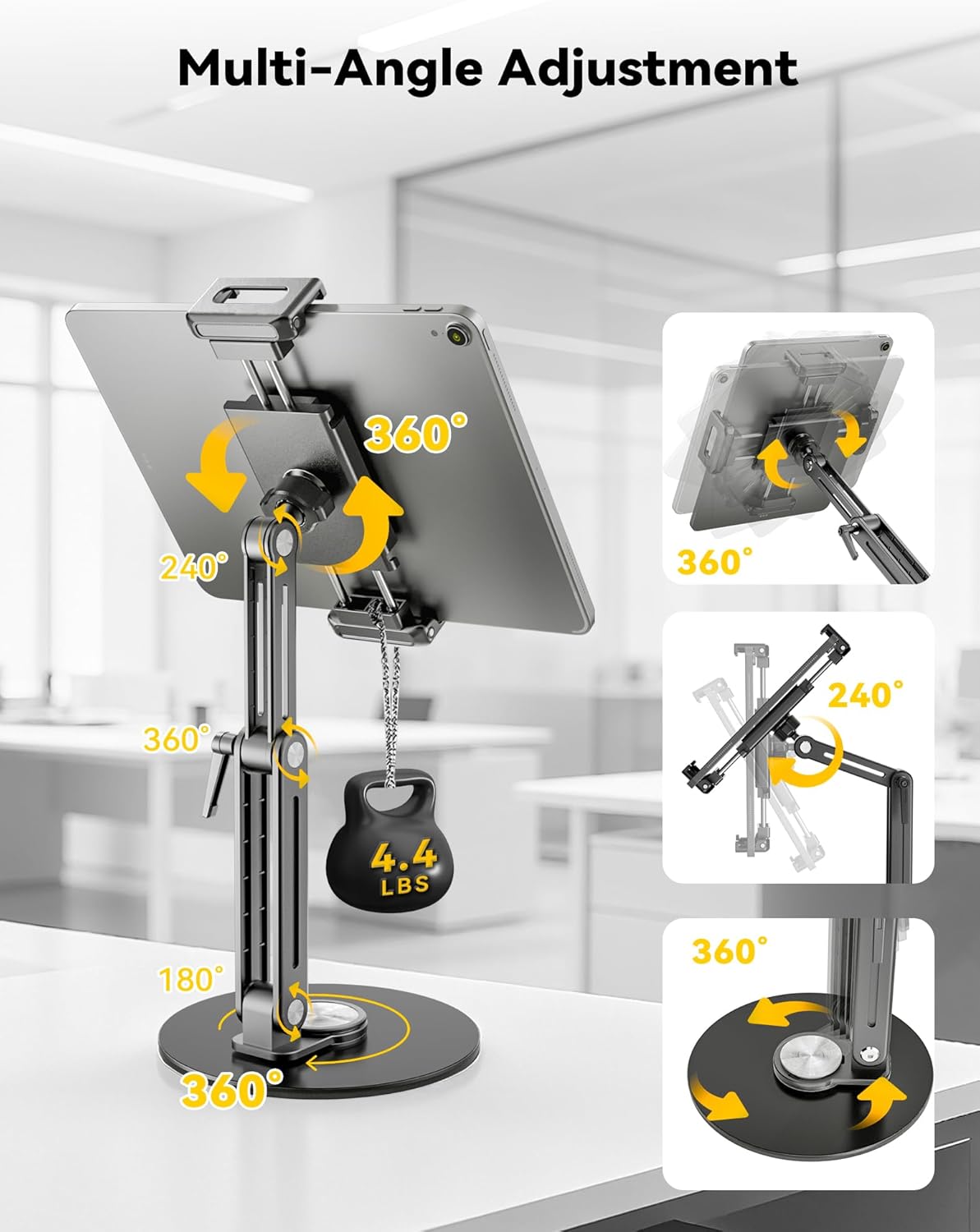 Portable Monitor Stand Large Clamp - Heavy Duty Aluminum Body supports up to 4.4 lbs 16" 17.3" 18.5 inch 360° Rotating Base Swivel Foldable Desk Stand for iPad Holder Tablet Mount for Kitchen/Travel