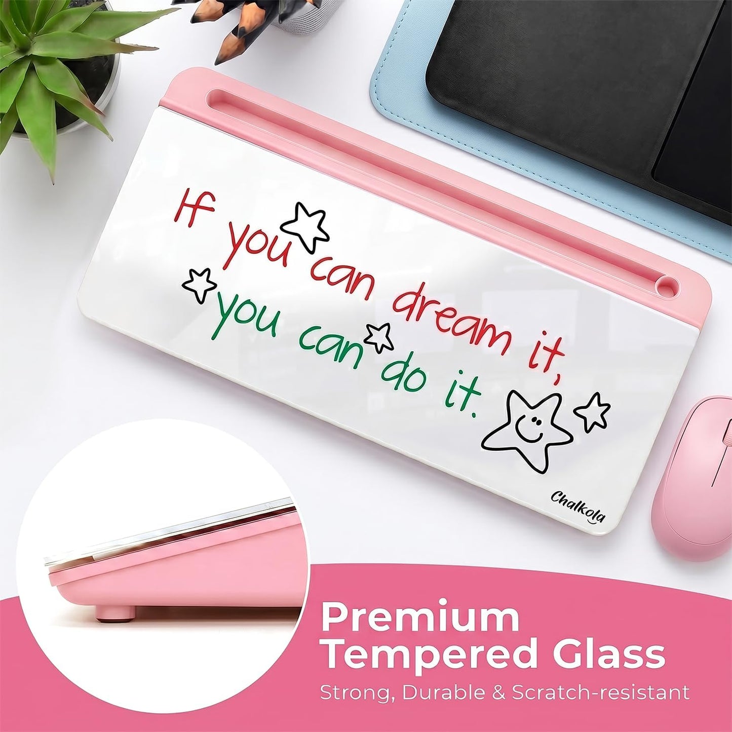 Chalkola Pink Glass Desktop Whiteboard with Storage - Dry Erase Board, Work Desk Organizers, Computer Keyboard Stand, Home Office Desk Accessories, Workspace Desktop Buddy