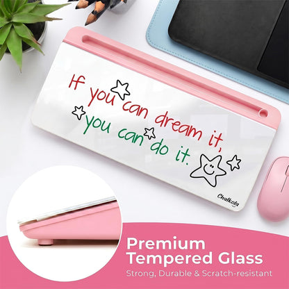 Chalkola Pink Glass Desktop Whiteboard with Storage - Dry Erase Board, Work Desk Organizers, Computer Keyboard Stand, Home Office Desk Accessories, Workspace Desktop Buddy