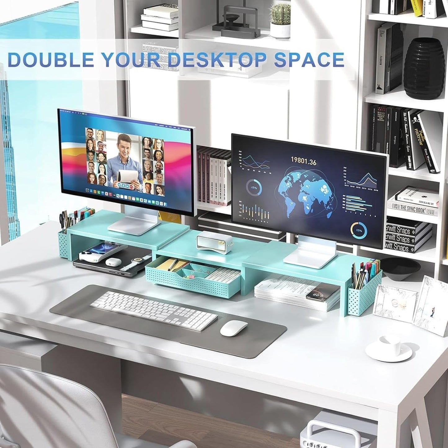 gianotter Dual Monitor Stand Riser, Desk Organizer With Drawer and 2 Pen Holders,Computer Monitor Stand, Desk Shelf for Top of Desk, Wood