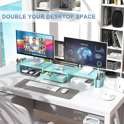 gianotter Dual Monitor Stand Riser, Desk Organizer With Drawer and 2 Pen Holders,Computer Monitor Stand, Desk Shelf for Top of Desk, Wood
