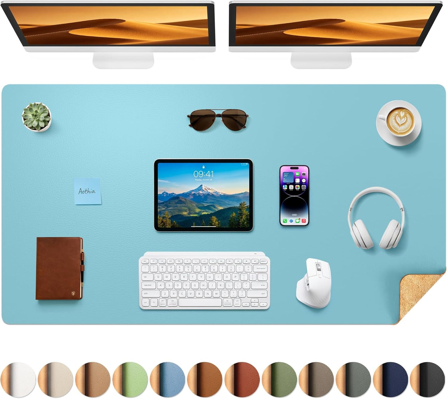 Aothia Dual-Sided Desk Pad - 25.6x13.7 inches Leather Desk Mat, Natural Cork Desk Pad Protector, Large Mouse Pad for Desk, Waterproof Desk Blotter Pad, Desk Writing Pad for Office Work/Home, Black