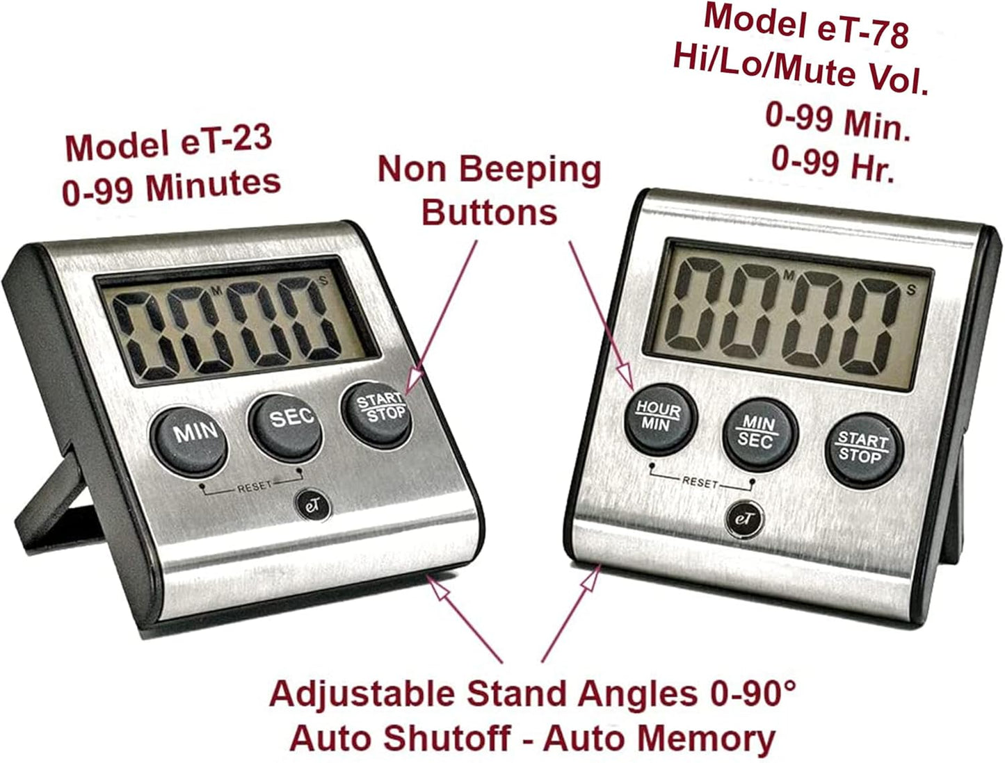 Elegant Digital Kitchen Timer, Stainless Steel Model eT-23, Super Strong Magnetic Back, Loud Alarm, Large Display, Auto Memory, Auto Shut-Off by eTradewinds
