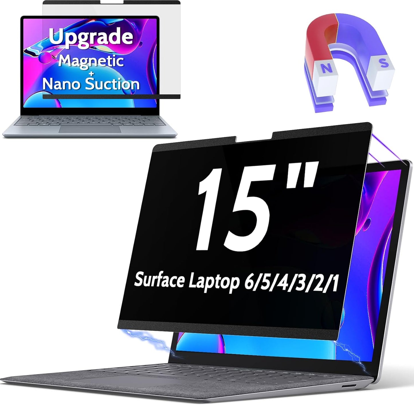 Peslv Magnetic Privacy Screen for Surface Laptop 6/5/4/3/2/1 13.5 Inch, Removable Anti Blue Light Glare Filter, Black Security Private Apy Block Protector