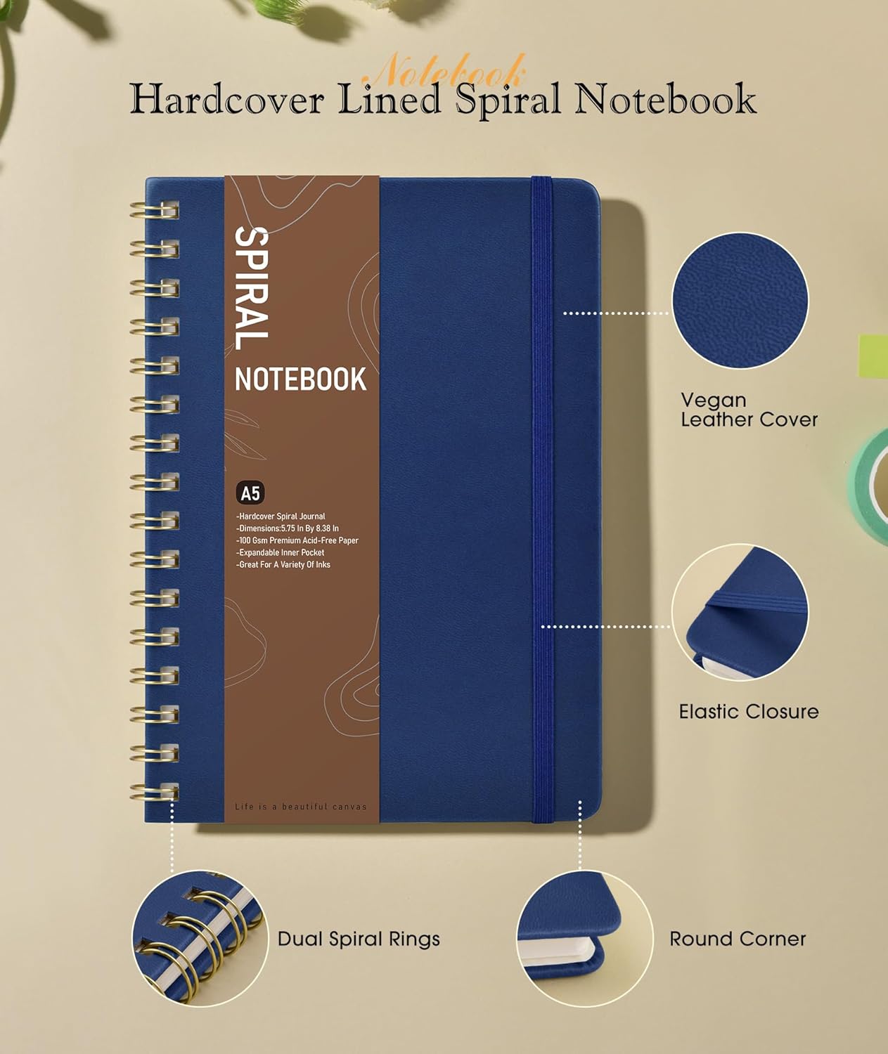 Graph Spiral Journal Notebook, A5 Hardcover Spiral Journals for Women Men, 100 GSM Graph Paper Notebooks, 150 Pages Spiral Bound Grid Notebook for Writing Note Taking Work 5.75" x 8.38" Olive Green