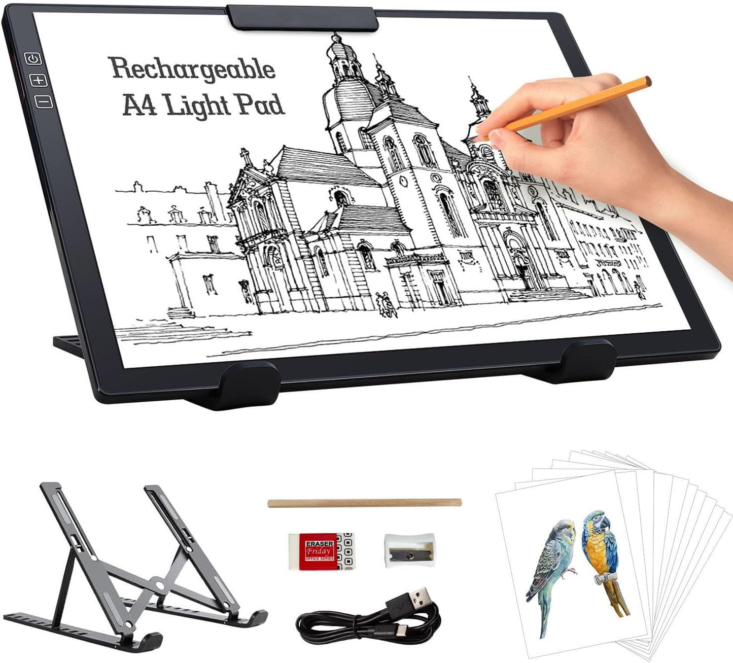 Rechargeable A4 Light Pad with Carry Bag & Stand,Ultra Thin Light Table with Clip,6 Levels of Brightness Light Box for tracing,Diamond Painting.led Light Board for Artists,Drawing,Sketching,Animation
