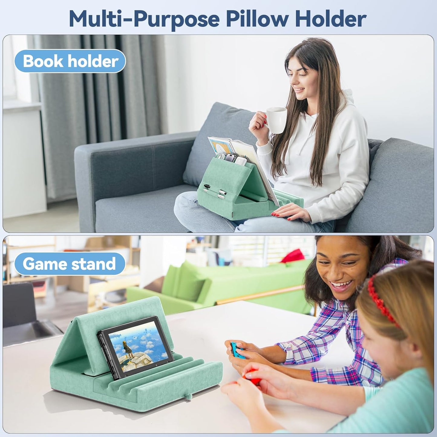 KDD Tablet Pillow Holder, Foldable iPad Stand for Lap, Bed and Desk -Tablet Soft Pad Dock with Pocket & Stylus Mount Compatible with iPad Pro 12.9, 10.5, 9.7 Air Mini 6 5 4 3, Galaxy Tab, E-Reader