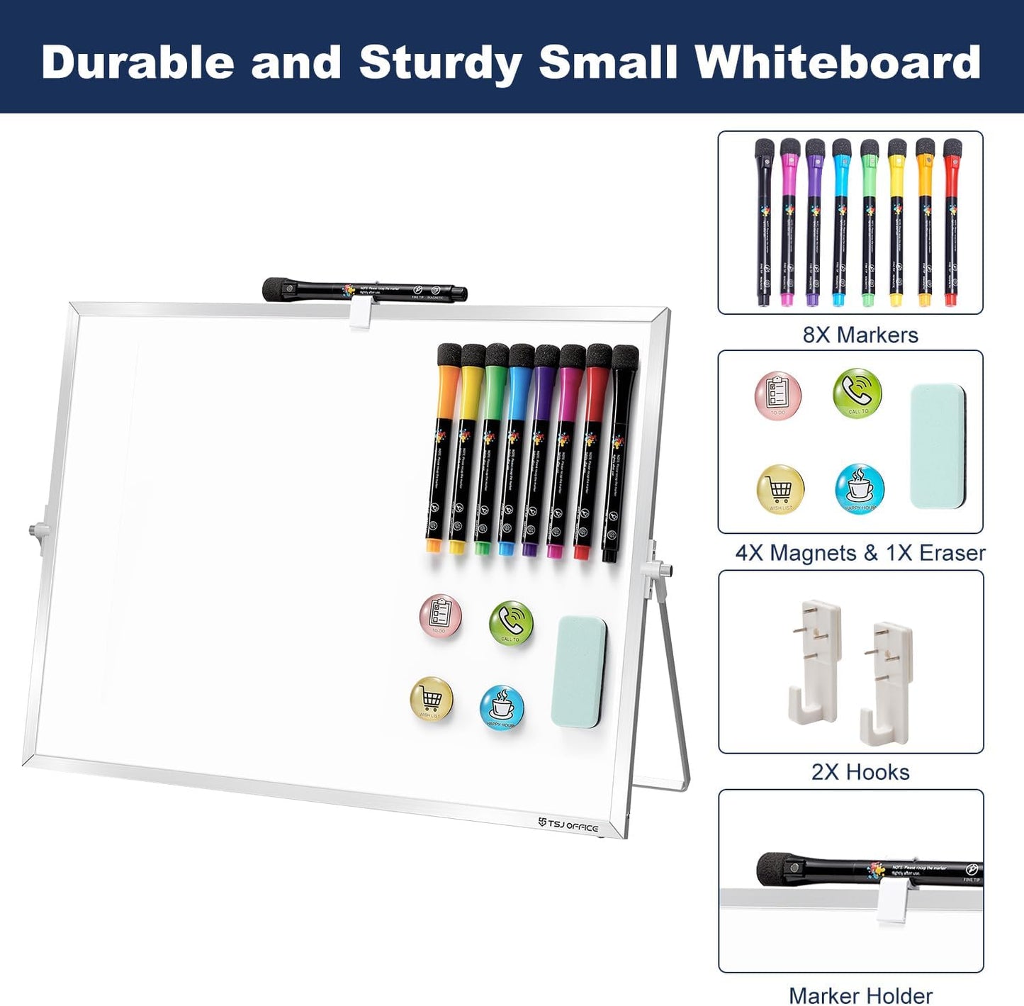 TSJ OFFICE Small White Board - 12 X 16 Inches Small Magnetic Dry Erase Board with Hooks for Wall, Desktop Whiteboard Stand 360 Degrees Revolving Double Sided for Office, Home, School, Silver