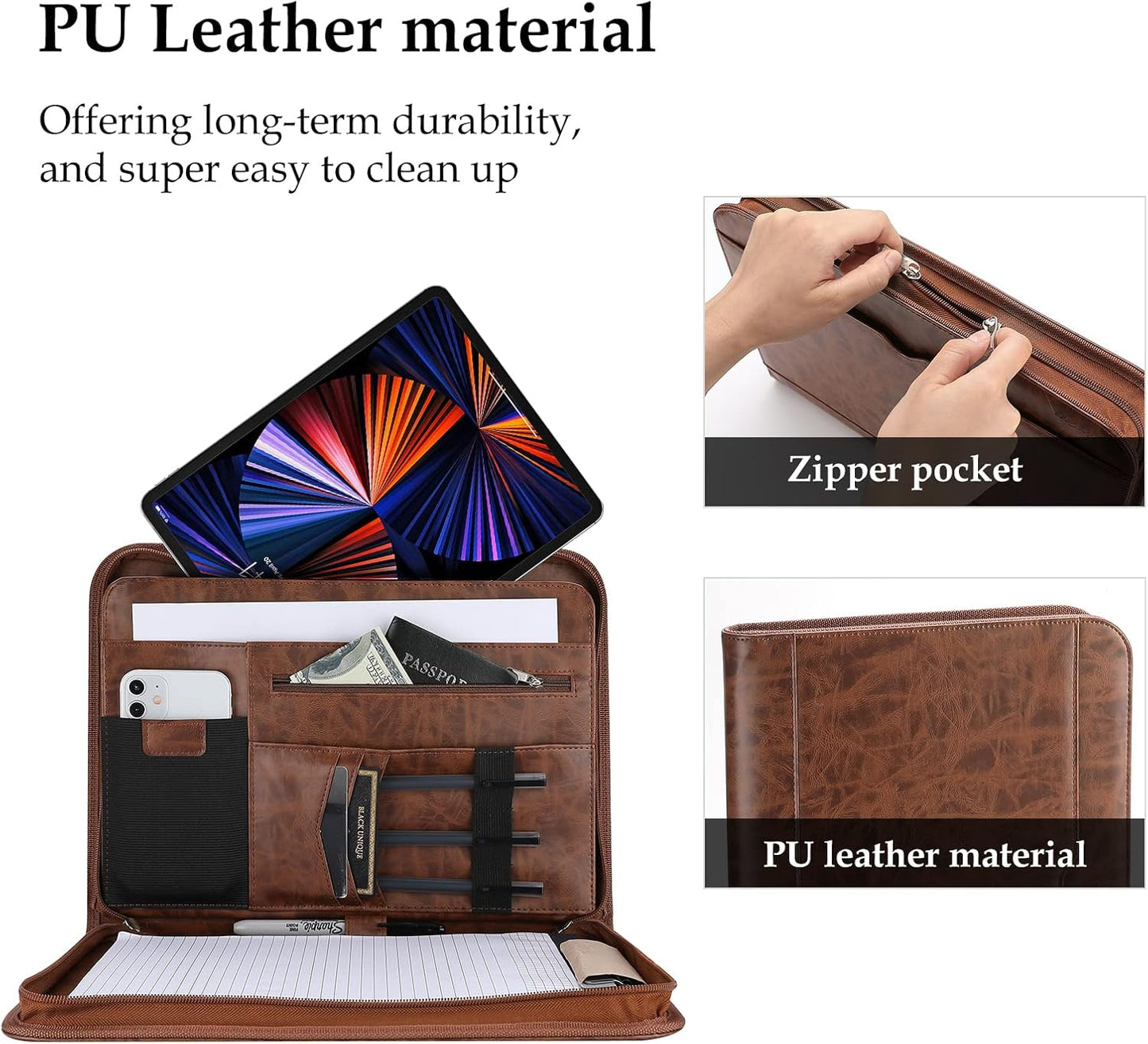 ProCase Portfolio Business Padfolio Folder with Zipper, Conference Meeting Executive File Legal Document Organizer with Pockets Letter Size A4 Writing Pad Notepad Padfolio -Black