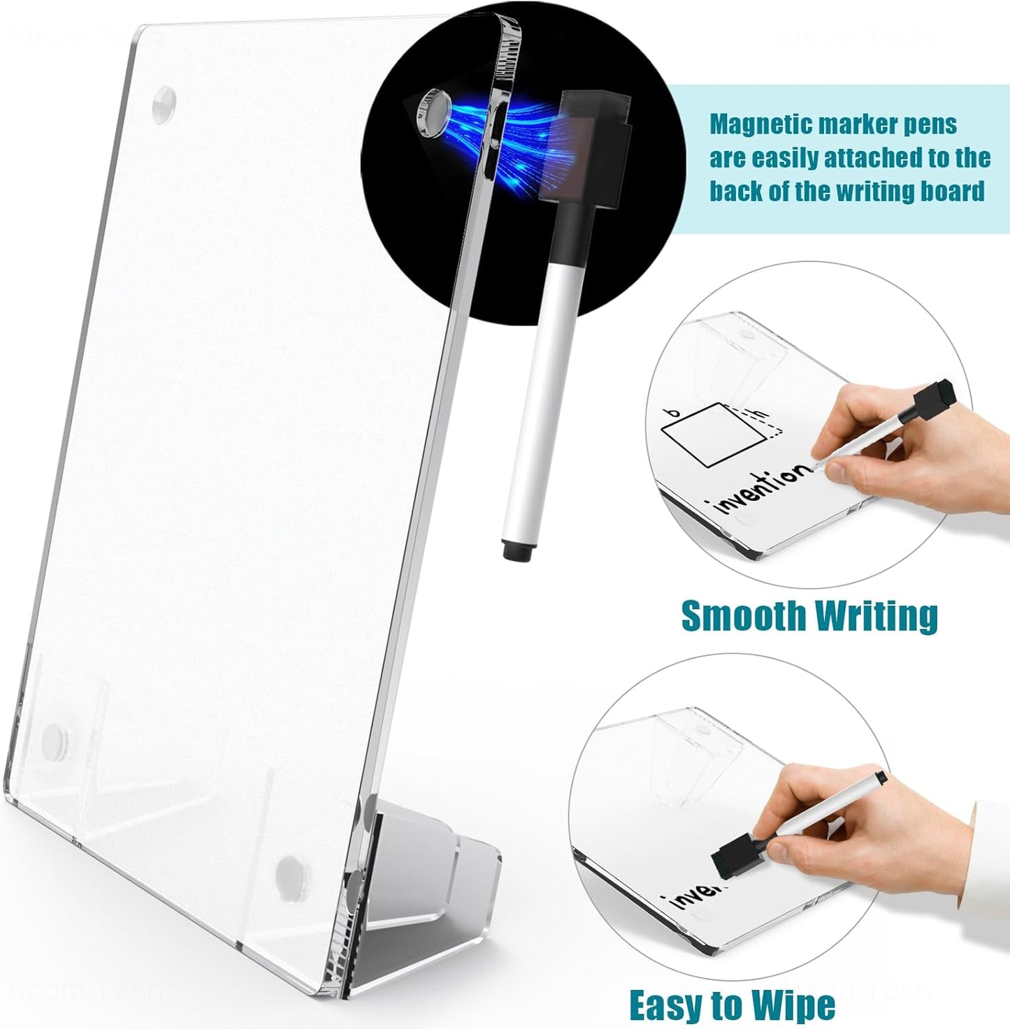 Clear Acrylic White Board 8x6 Inches, Frameless Desktop Dry Erase Board with Flexible Magnetic Stand and Markers, Mini Whiteboard Desk Accessories for Women, Home, Office, School