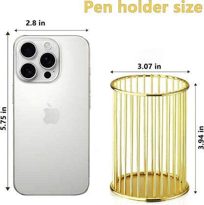 Gold Metal Pen Holder for Desk - Heavy Duty Makeup Brush Organizer Cup with, Pencil Holder for Office & Home, Storage for Stationery/Cosmetics/Art Supplies, Matte Finish, 4.8 Inch (Round)