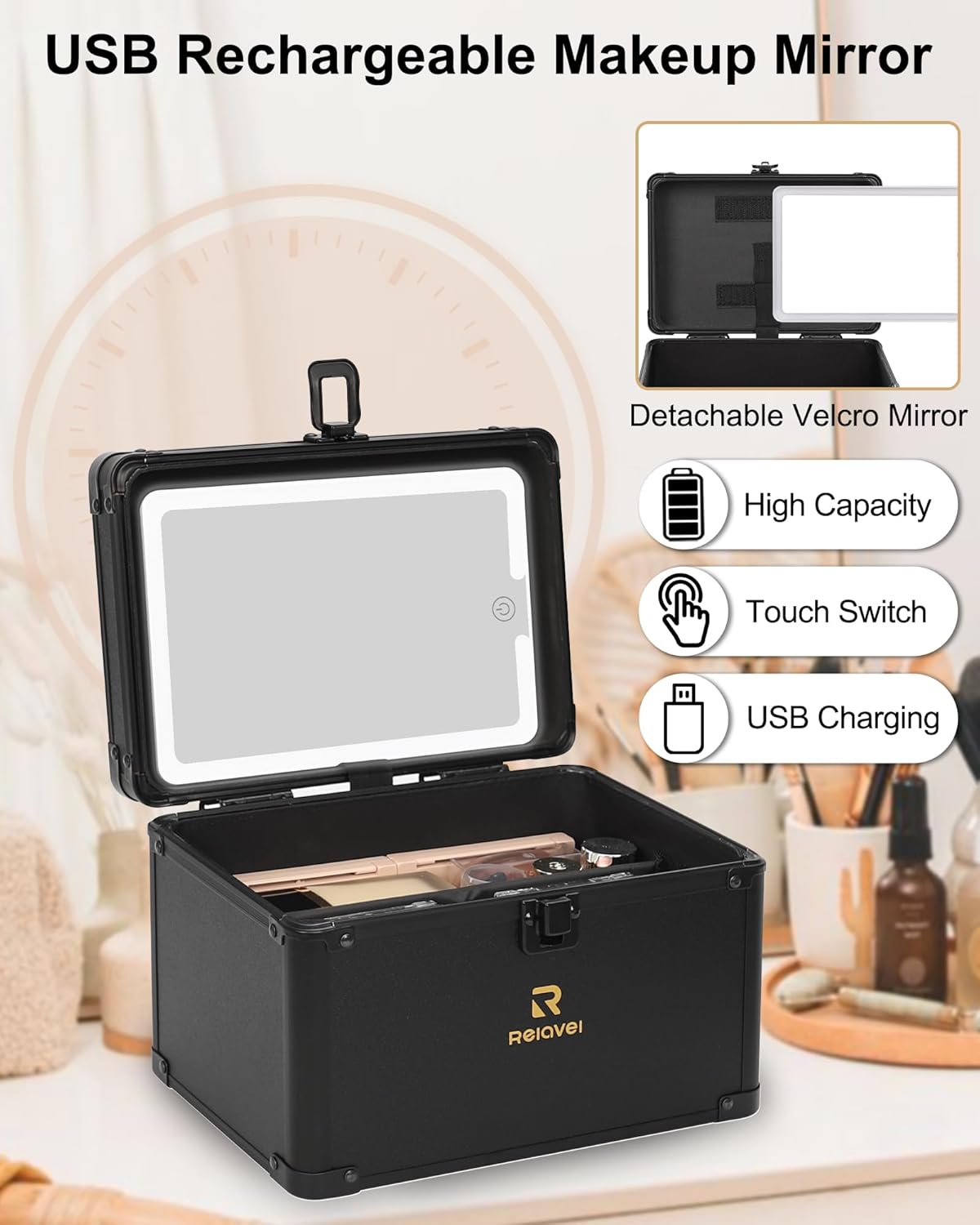Relavel Travel Makeup Bag With LED Mirror, Cosmetic Train Case with Light up Mirror, Portable Makeup Artist Organizer Bag with Adjustable Dividers, Makeup Brush Holder Storage, Black