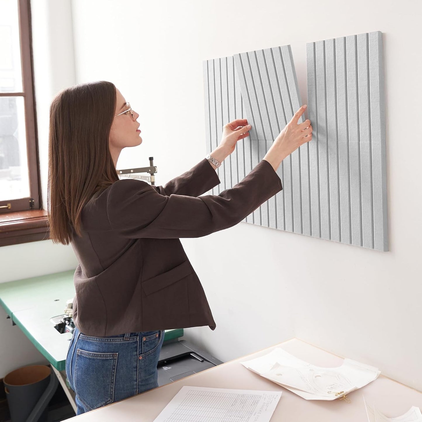 Large Felt Bulletin Board - Stylish Perfectly Sized 35" x 47" Cork Board Alternative for Office & Wall Decor – 12 Customizable Adhesive Tiles w/Golden Pins are Perfect to Display Your Photos