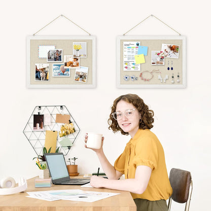 DOLLAR BOSS Bulletin Boards with Linen 1-Pack 16''X 12'' Double-Sided Cork Board for Walls Wood Framed Bulletin Boards, Small Pin Board for Home Kitchen Office Decorative Hanging 10 Pushpins