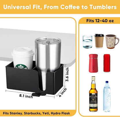 4-in-1 Clip On Desk Cup Holder, Fits up to 40oz cups - Mountable Holder with Adjustable Divider & 360° Rotating Hook - No Spill Clamp On Drink Holder Attachment - for Desk Chair Table Bed Tray - Black