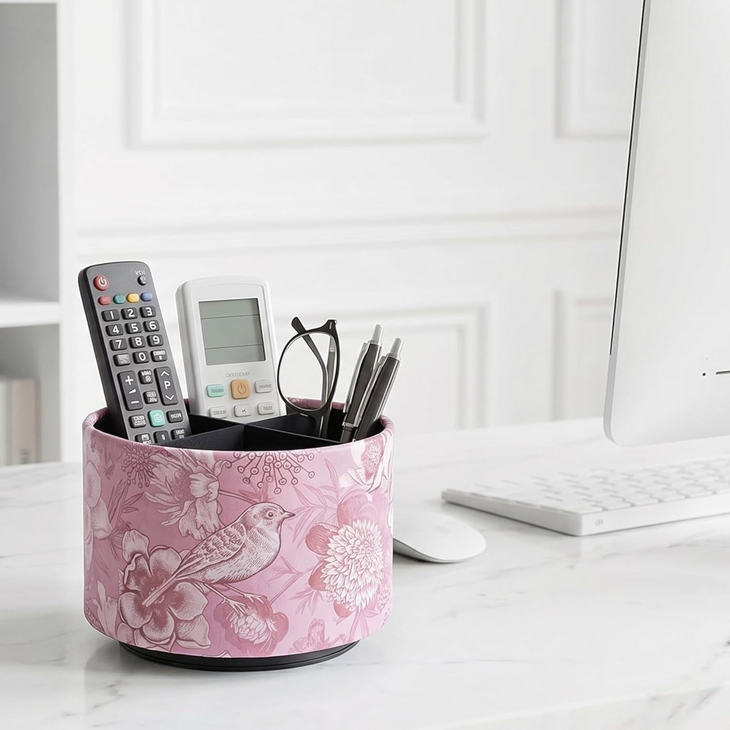 Round Leather Art Supply Organizer,Remote Control Holder,360 Degree Rotating,Multi-Functional Pencil Holder,4 Compartments Desktop Stationary Organizer(1-Fractal Flower) | Round - Colors A