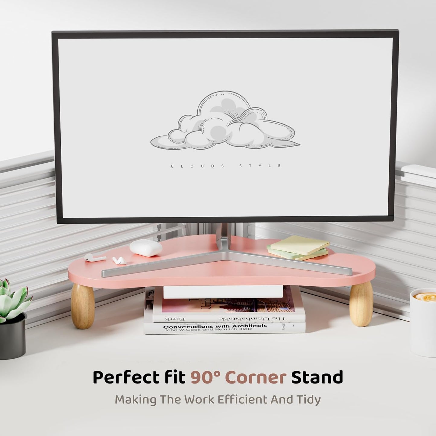 AFOOYO Monitor Stand Riser,Cloud-Shaped Sturdy Wood 16.5In Computer Monitor Riser Wirh Drawer, Multi-Purpose Desktop Organizer Riser for Computer,Laptop,Printer,TV,White