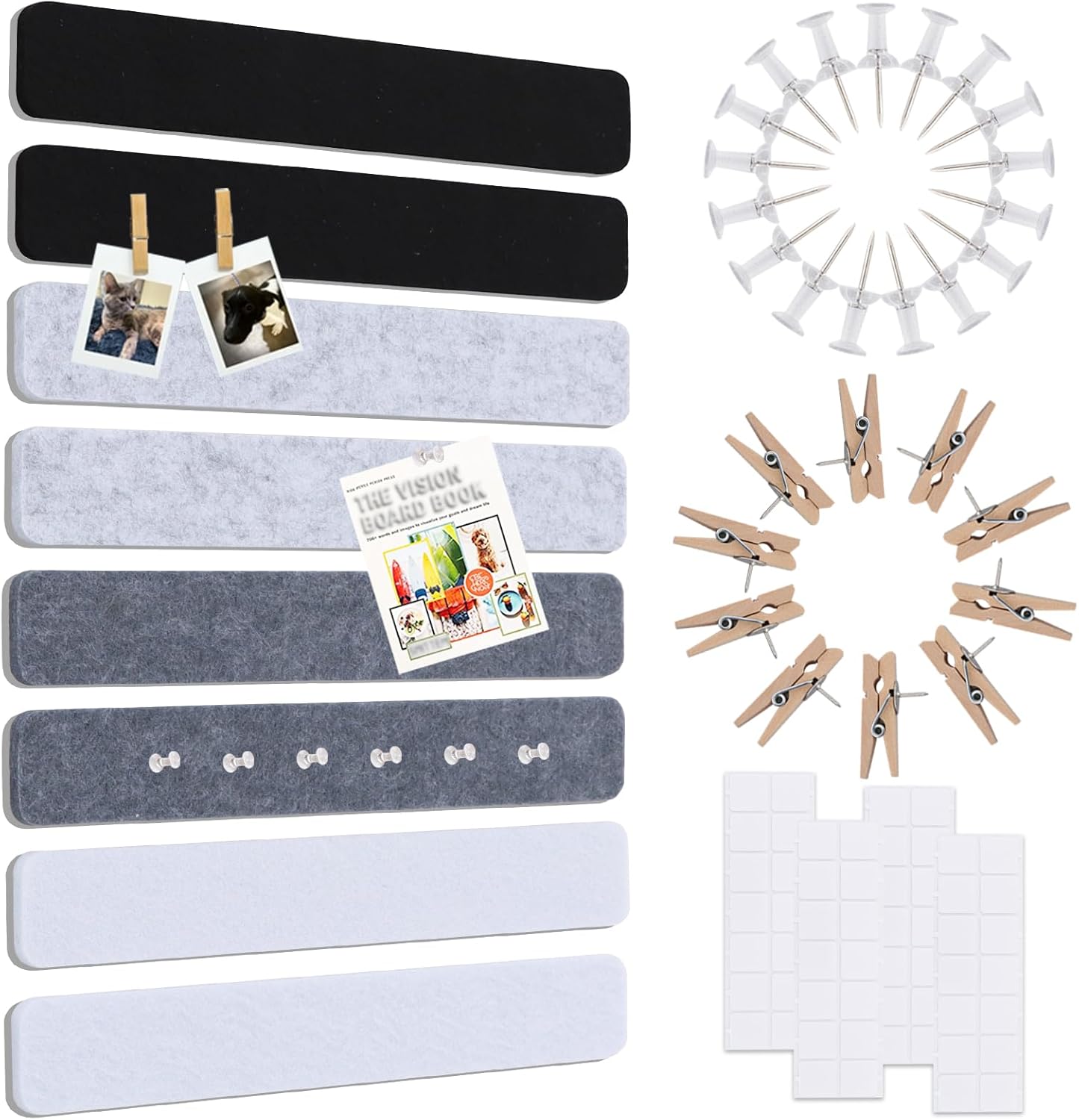 Vuzvuv 8 pcs Bulletin Board Bar Strips with 50 Pushpins & 10 Wooden Clip pins，Self Adhesive Cork Board for Wall，Felt Pin Board for School，Office Decor（Black White Grey）