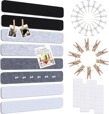 Vuzvuv 8 pcs Bulletin Board Bar Strips with 50 Pushpins & 10 Wooden Clip pins，Self Adhesive Cork Board for Wall，Felt Pin Board for School，Office Decor（Black White Grey）