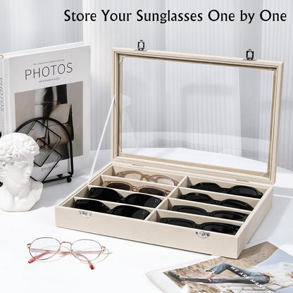Emibele Glasses Organizer Jewelry Tray, 8 Grids with Clear Lid Velvet Tray Watch Storage Stackable Jewelry Showcase Display Storage with Detachable Inner Dividers, Beige