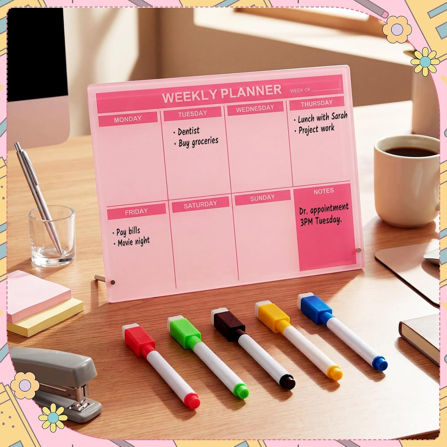 Desktop Acrylic Weekly Planner Board Acrylic Calendar Dry Erase Board with Stand to Do List Planner Boards with Daily Schedule and Markers for Family Home Office(Sage Green)