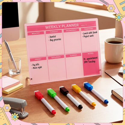 Desktop Acrylic Weekly Planner Board Acrylic Calendar Dry Erase Board with Stand to Do List Planner Boards with Daily Schedule and Markers for Family Home Office(Sage Green)
