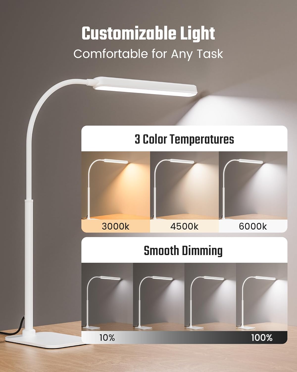 SUPERDANNY Eye-Caring LED Desk Lamp 360° Flexible Gooseneck Work Lamp with Desk Side Clamp Touch Control 3 Light Colors Smooth Dimming Task Lighting Reading Light for Home Office College Dorm, Black