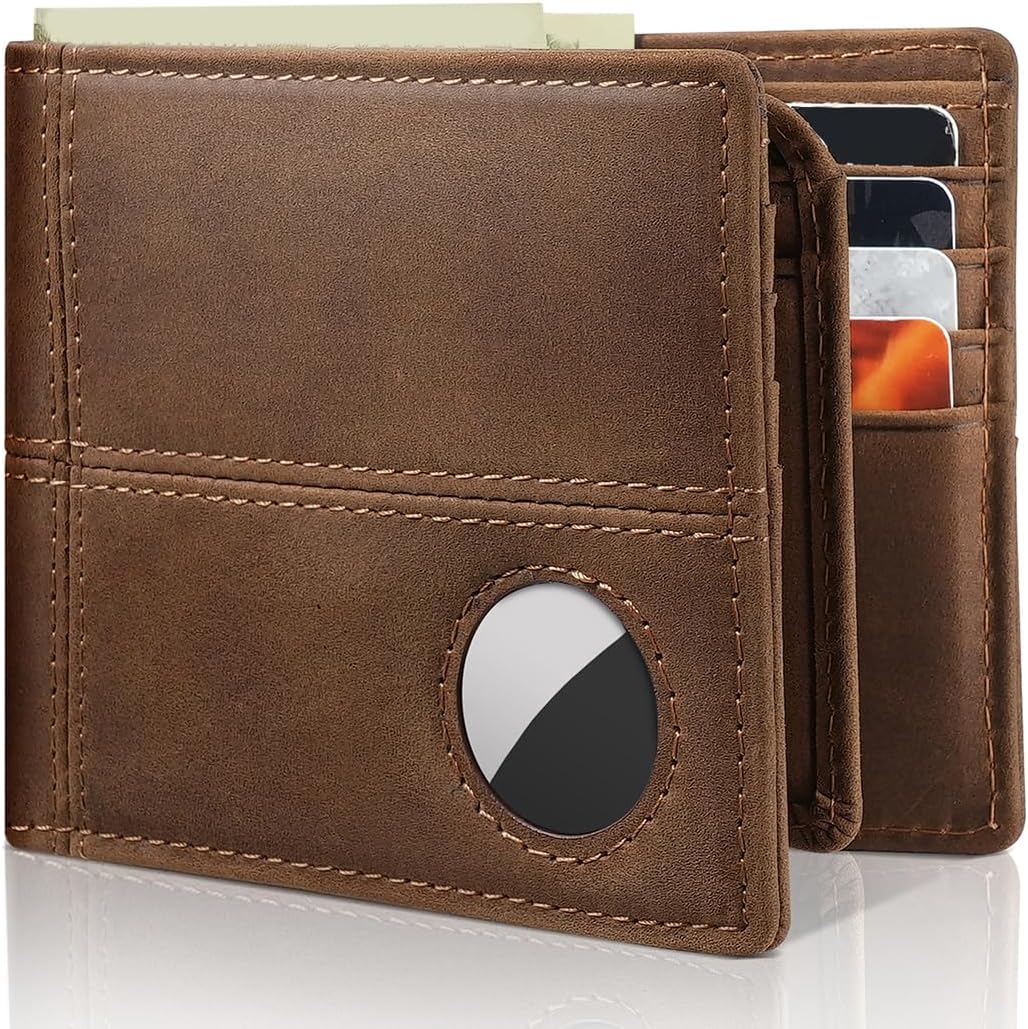 Mens Wallet With AirTag Holder, Bifold Leather RFID Blocking 1-2 ID Windows 12-13 Card Holders, Gift Box and Screen Protector Included, AirTag Not Included