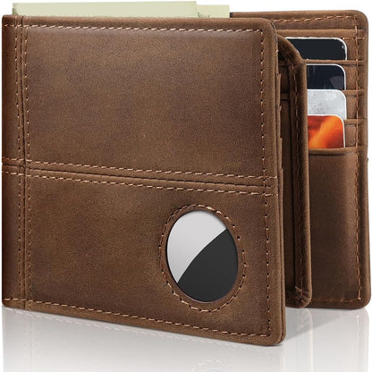 Mens Wallet With AirTag Holder, Bifold Leather RFID Blocking 1-2 ID Windows 12-13 Card Holders, Gift Box and Screen Protector Included, AirTag Not Included