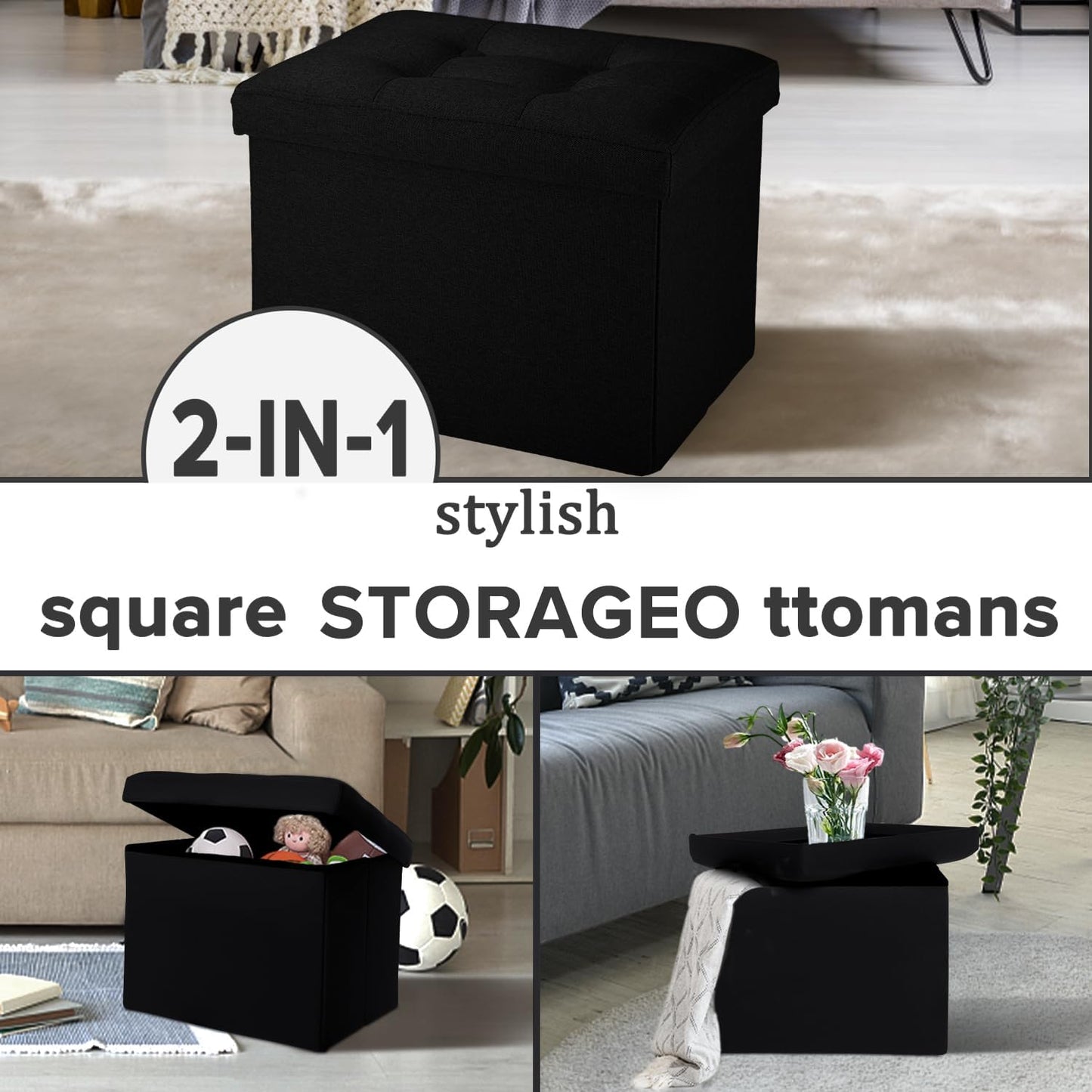 LINMAGCO Ottoman Storage Ottoman with Storage Small Foot Rest Stool Under Desk Stool Short Folding Footrest Linen Cloth Dark Gray 16X12X12IN
